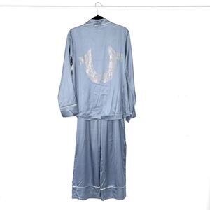 True Religion Pajama Set Blue Satin Rhinestone Bling New with Imperfections | M